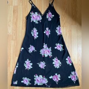 Oscar de la Renta Black Slip Dress with Pink Rose Accent